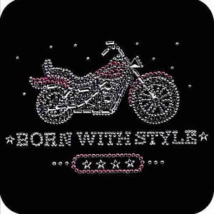 Born with Style Biker Rhinestone Iron On Applique motorcycle sticker.