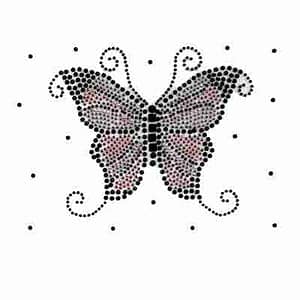 A Black/Pink Rhinestud Butterfly Iron on Applique with black dots on a white background.