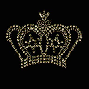 A Royal Gold Crown Rhinestud Iron On Applique with rhinestones on a black background.