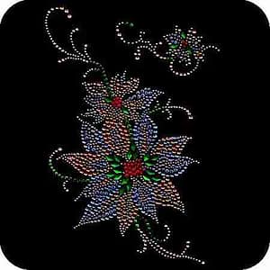 An image of a Christmas Rhinestone/Stud Poinsettia Iron On Applique - Large with rhinestones on a black background.