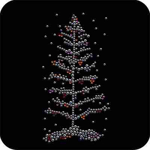 A Christmas Winterland Tree Iron On Rhinestone Applique made of beads on a black background.