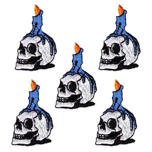 A group of Skull with Candles Patches (5-Pack) Halloween Embroidered Iron On Patch Appliques.