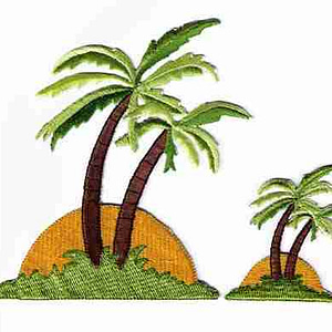 Two Palm Trees in Sunset Iron On Patch embroidered on a piece of fabric.