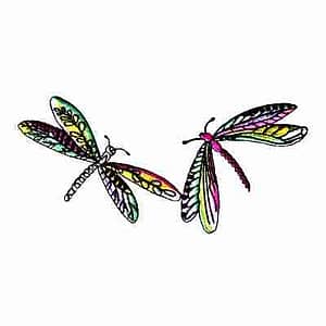 Two Pair of Dragonflies Embroidered Iron On Patch on a white background.