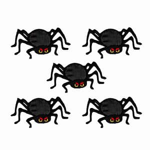 Four Spiders Patches (5-Pack) Halloween Embroidered Iron On Patch Appliques with red eyes on a white background.