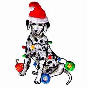 A Christmas Dalmatian (2-Pack) Holiday Iron on Patch wearing a Santa hat.