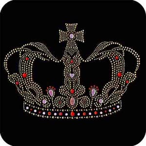An Extra Large Queen's Crown Rhinestud Iron On Applique on a black background.