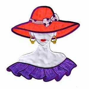 An image of a Red Hat Lady w/Purple Flounce Iron On Applique in a purple dress.