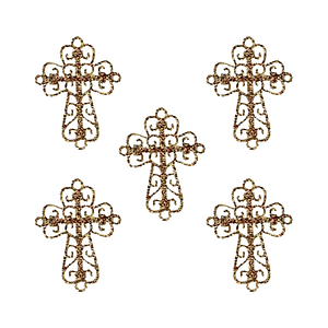 A set of four Gold Cross Patches (5-Pack) Religious Embroidered Iron On Patch Applique on a white background.