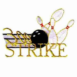 A "300 Strike" bowling pins and ball iron on patch on a white background.