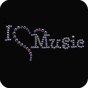 The "I Love Music Nailhead Iron On Applique" on a black background.