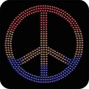 A Large 7" Rhinestud Peace Sign Iron On Patch Applique made of rhinestones on a black background.