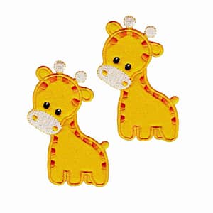 Two Giraffe Patches (2 Pack) Animal Children Embroidered Iron On Patch Appliques on a white background.
