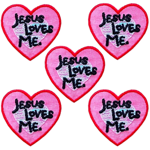 Jesus Loves Me Iridescent Heart Iron On Patch (5-Pack) set of 4.