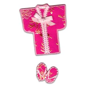 A pink Two Palm Trees in Sunset (2-Pack) Iron On Patch - SMALL kimono with a pair of pink slippers.