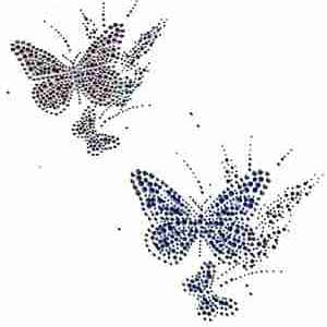 Two Double Butterflies Iron On Rhinestone Appliques with blue and white dots on a white background.