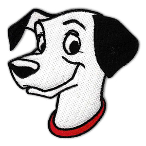 A black and white dog with a Disney's 101 Dalmations Father Iron on Patch collar.