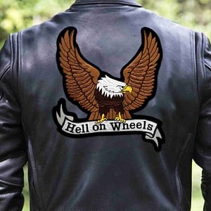 The back of a Hell on Wheels Eagle Backpatch Biker Iron On Patch with an eagle on it.