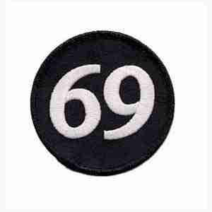 A 69 Back Patch Embroidered Iron On Patch - Large with the number 69 on it.