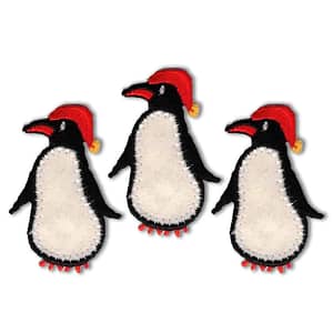 Three penguins wearing Penguin with Beanie Patches (3-Pack) Christmas Embroidered Iron on Patch Applique hats on a white background.