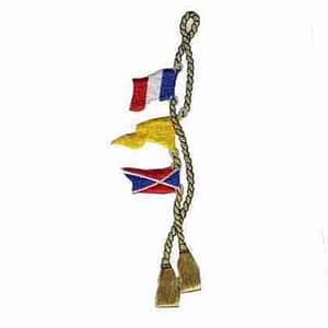 A Gold Line with Nautical Flags Iron On Patch hanging from a rope.