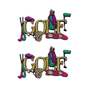 A pair of Golf with Purple Accessories Patches (2-pack) Sport Embroidered Iron On Patch Appliques with the word golf on them.