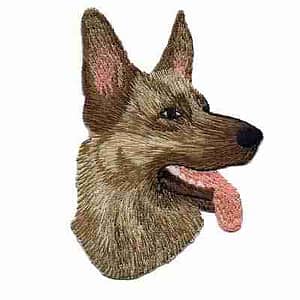 A German Shepherd Dog Iron On Patch's head is shown on a white background.