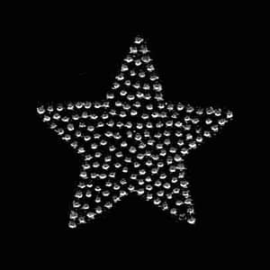 A Solid 2 Inch Clear Rhinestone Star Iron on Patch Applique is shown on a black background.
