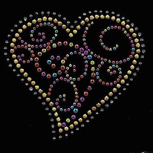 A Swirly Multi-colored Rhinestud and Rhinestone Heart Iron on applique made of colorful beads on a black background.