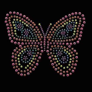 A Multicolored Rhinestud Butterfly Iron on Applique - Large made of colorful beads on a black background.