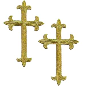 Two Gold Cross Patches (2-Pack) Religious Embroidered Iron On Patch Appliques on a white background.