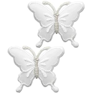 Two White Chiffon Butterfly (2-Pack) Iron on Patches on a white background.