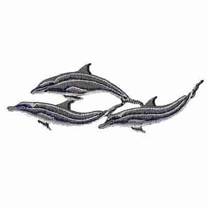Three Trio of Grey Bottlenose Dolphins Iron On Patch embroidered on a white background.