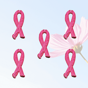 Five Breast Cancer Patches (5-Pack) Awareness Embroidered Iron On Patch Applique 2" with a flower in the background.