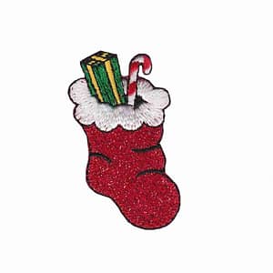A Christmas Sparkling Stocking Iron on Patch with candy canes and a candy cane.