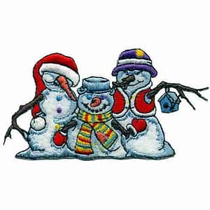 Three Cute Christmas Holiday Snowmen Iron On Patches embroidered on a white background.