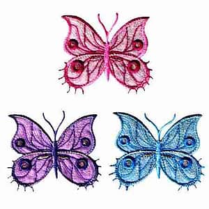 Four Fancy Sparkle Butterfly (3-Pack) Iron On patches in multiple colors on a white background.