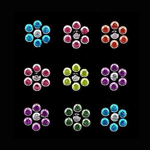 A set of Multi-colored Rhinestud Hotfix Flowers (Set of 9) on a black background.
