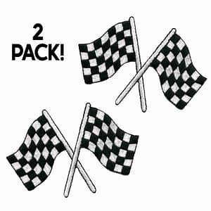 Two Checkered Flags Racing Iron on Patches (2-Pack) on a white background.