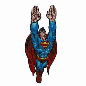 A Superman Flying Iron on Patch flying in the air with his hands up.