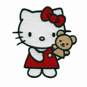 Hello Kitty in Red Dress with Bear Puppet Iron On Patch holding a teddy bear.