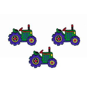 Four colorful Tractor Patches (3-Pack) Children Embroidered Iron on Patch Applique on a white background.