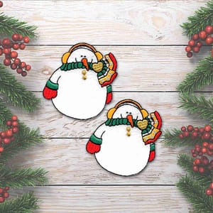 Two Snowman Patches (2-Pack) Christmas Embroidered Iron On Patch Applique on a wooden background.