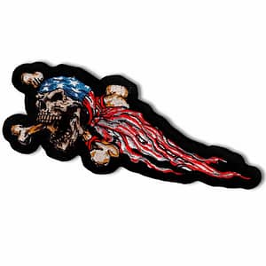 A Pirate Skull with crossbones Iron on Patch with an american flag on it.