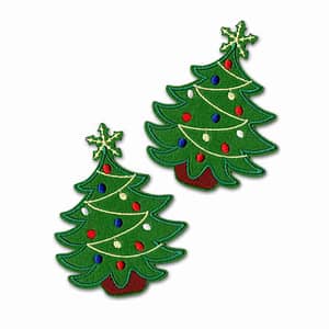 Two Christmas Tree Patches (2 Pack) Christmas Embroidered Iron On Patch Appliques on a white background.