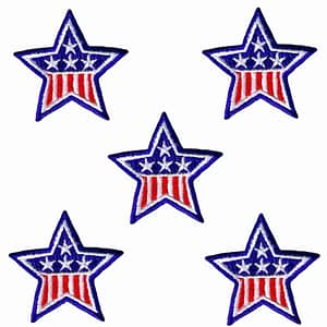 Four 1.75 Inch American Flag Style Iron On Star Patches (5-Pack) with american flags on them.