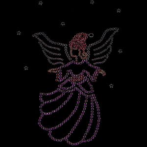 A Christmas Angel Red Hat Style Rhinestud Iron on Applique with stars on a black background.