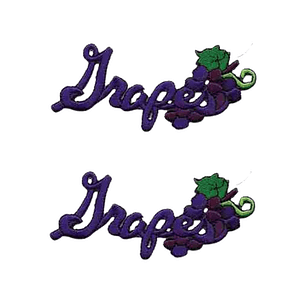A pair of Grapes Patches (2-Pack) Fruit Embroidered Iron On Patch Appliques embroidered on a white background.