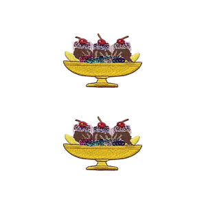 Two pictures of Banana Split Patches (2-Pack) Food Embroidered Iron On Patch Appliques in a bowl.