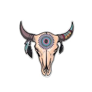 A Longhorn Patch - Boho Tribal Steer Cow Skull Iron on Patch with feathers on it.